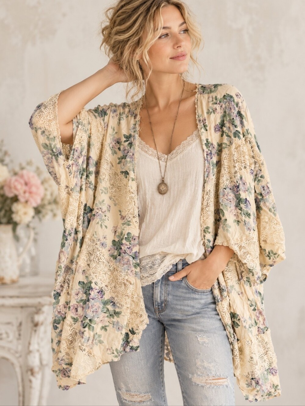 Entro Floral Lace Kimono Size S/M Shabby Chic Boho Flowy